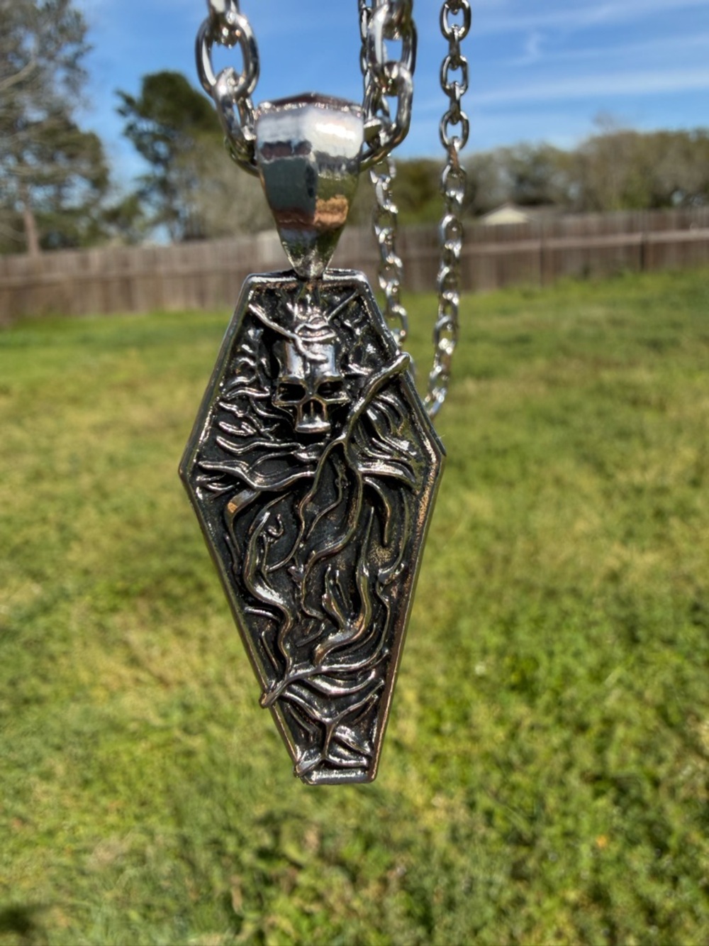 Silver Coffin Pendant Necklace with Skull and Vine Detail - Women's Jewelry